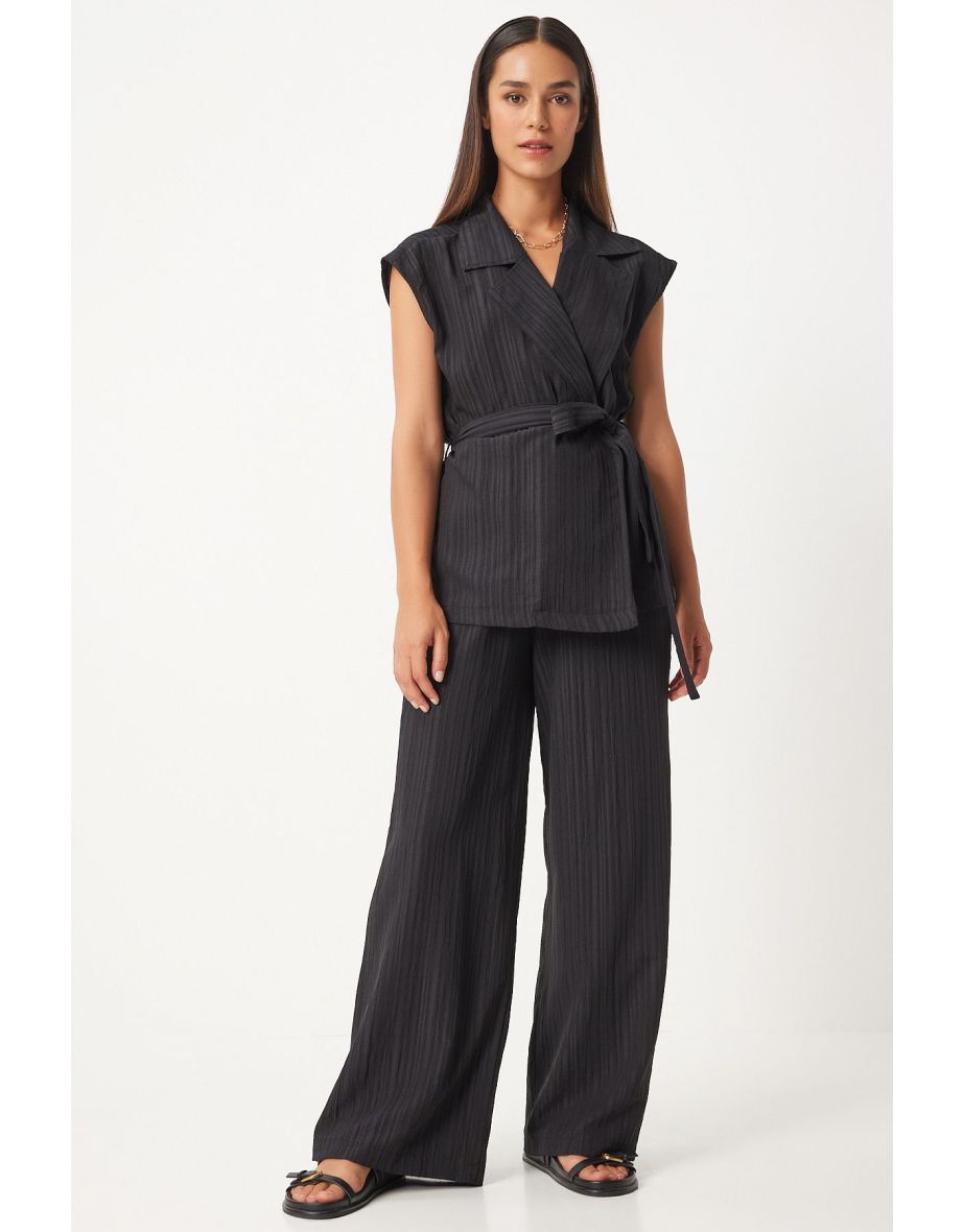 Women's Black Belted Vest Palazzo Knitted Suit