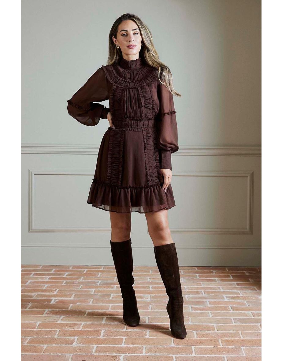 Lydia Millen Pleat Crinkle High Neck Drama Sleeve Woven Mini Dress