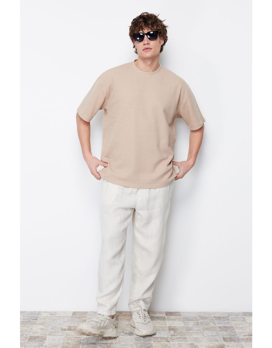 Camel Men's Oversize/Wide Cut Crew Neck Short Sleeves Basic Textured T-shirt  .