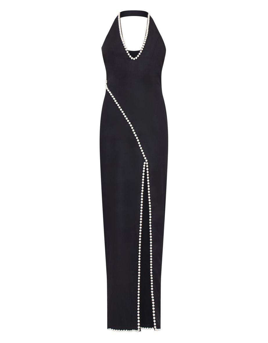Black Pearl Detail Side Split Maxi Dress - 4