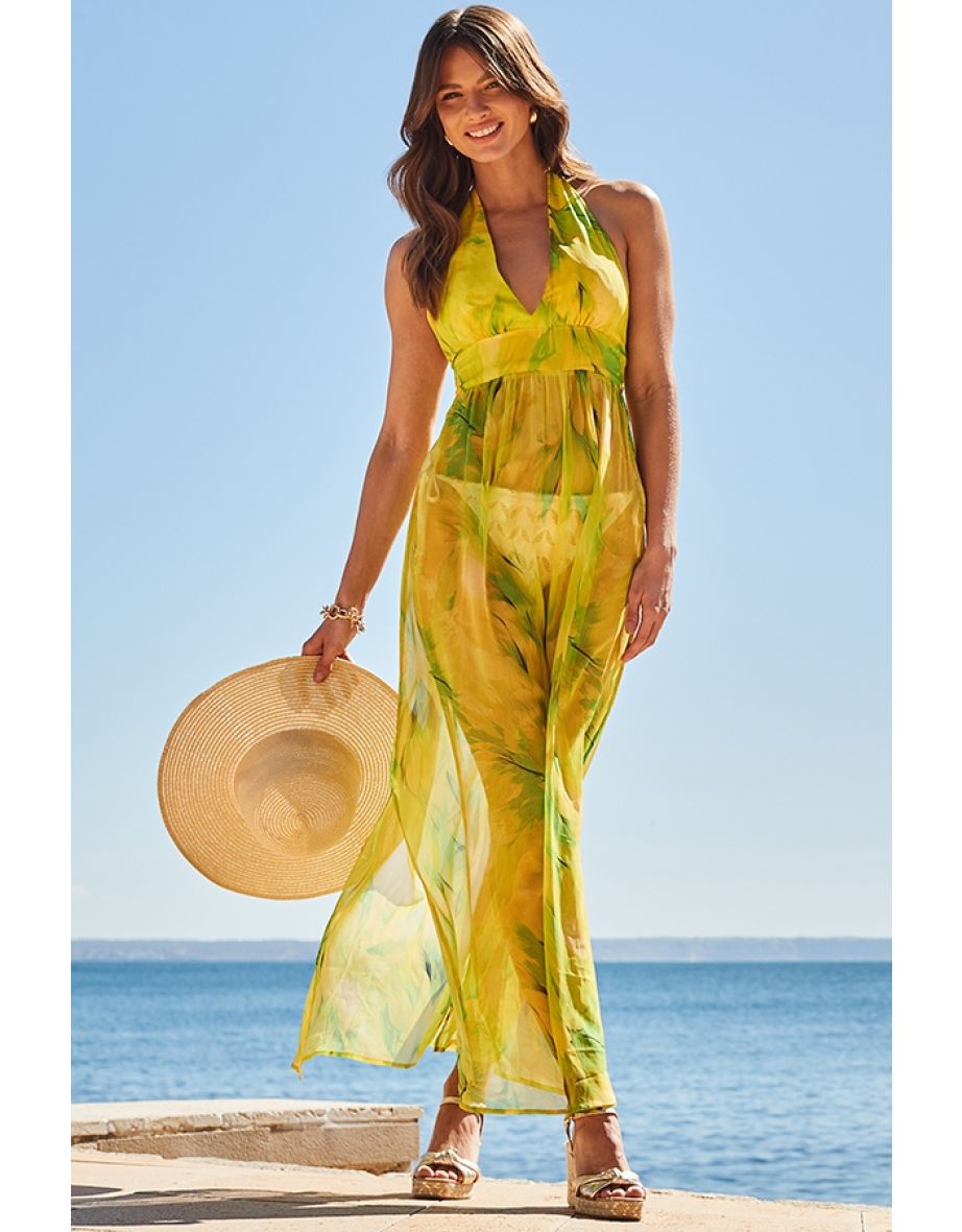 Yellow Feather Print Halter Neck Maxi Beach Dress