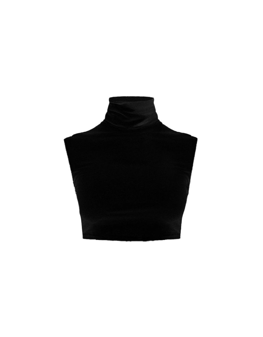 Basic Black Cotton Blend Roll Neck Sleeveless Crop Top