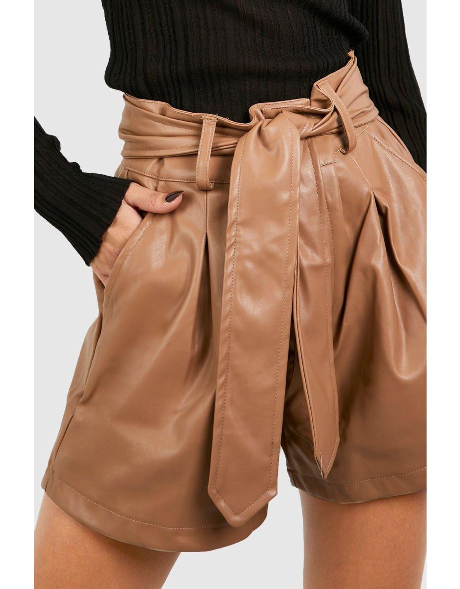 Faux Leather High Waisted Shorts - camel - 3