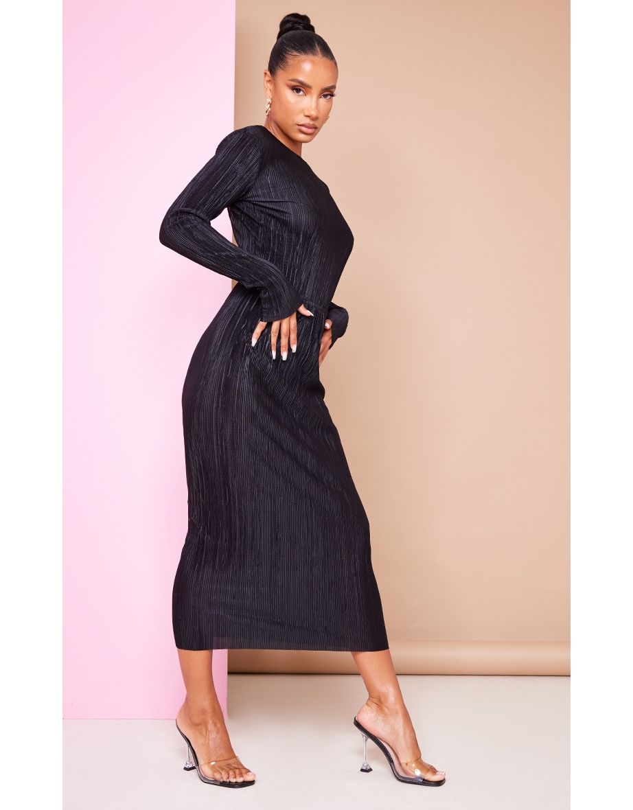 Black Plisse High Rise Midi Skirt