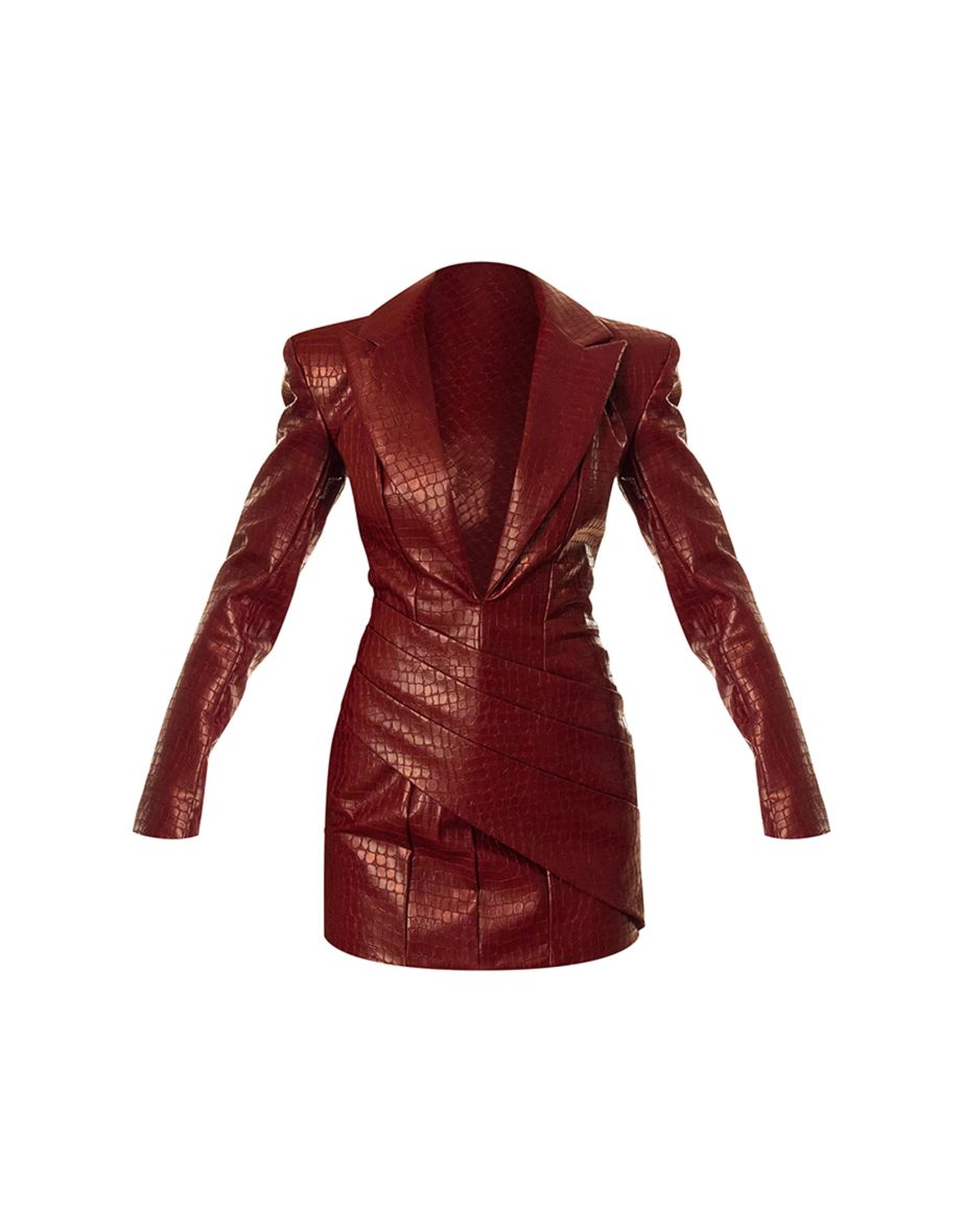 PLT Label Burgundy Croc Faux Leather Pleated Blazer Dress - 4