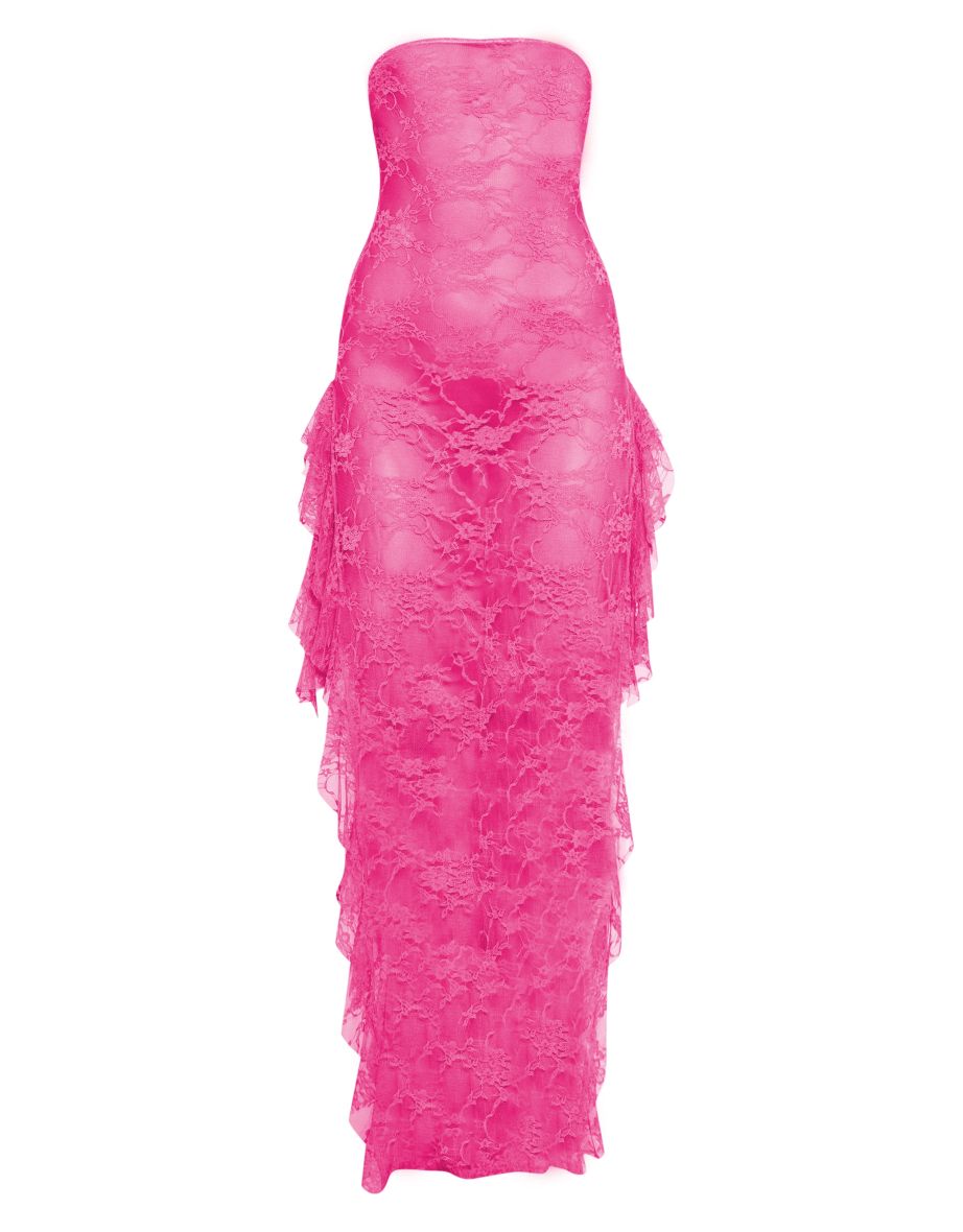 Fuschia Lace Bandeau Split Leg Frill Edge Maxi Dress - 4