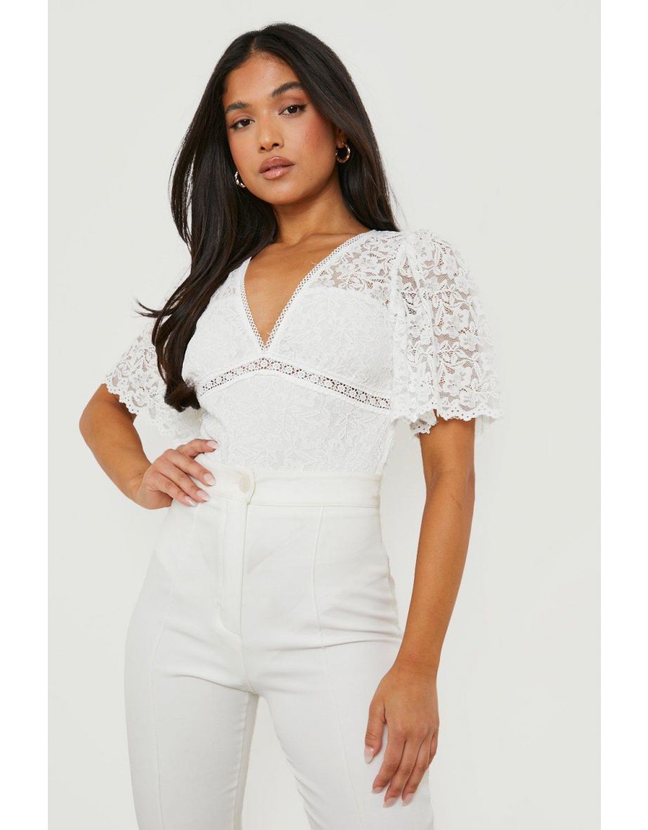Petite Lace Short Sleeve Bodysuit - white
