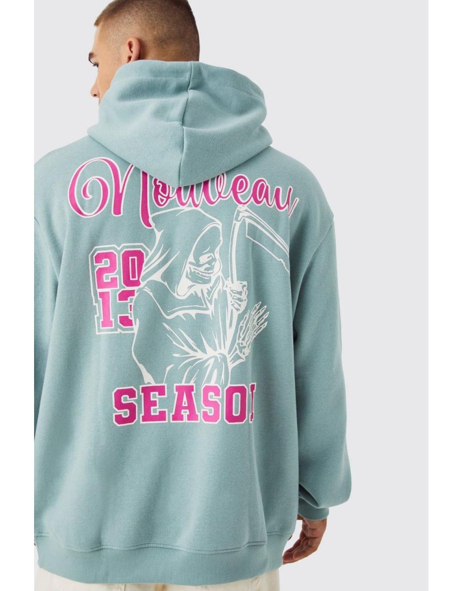 Oversized Grim Reeper Varsity Print Hoodie - sage - 2