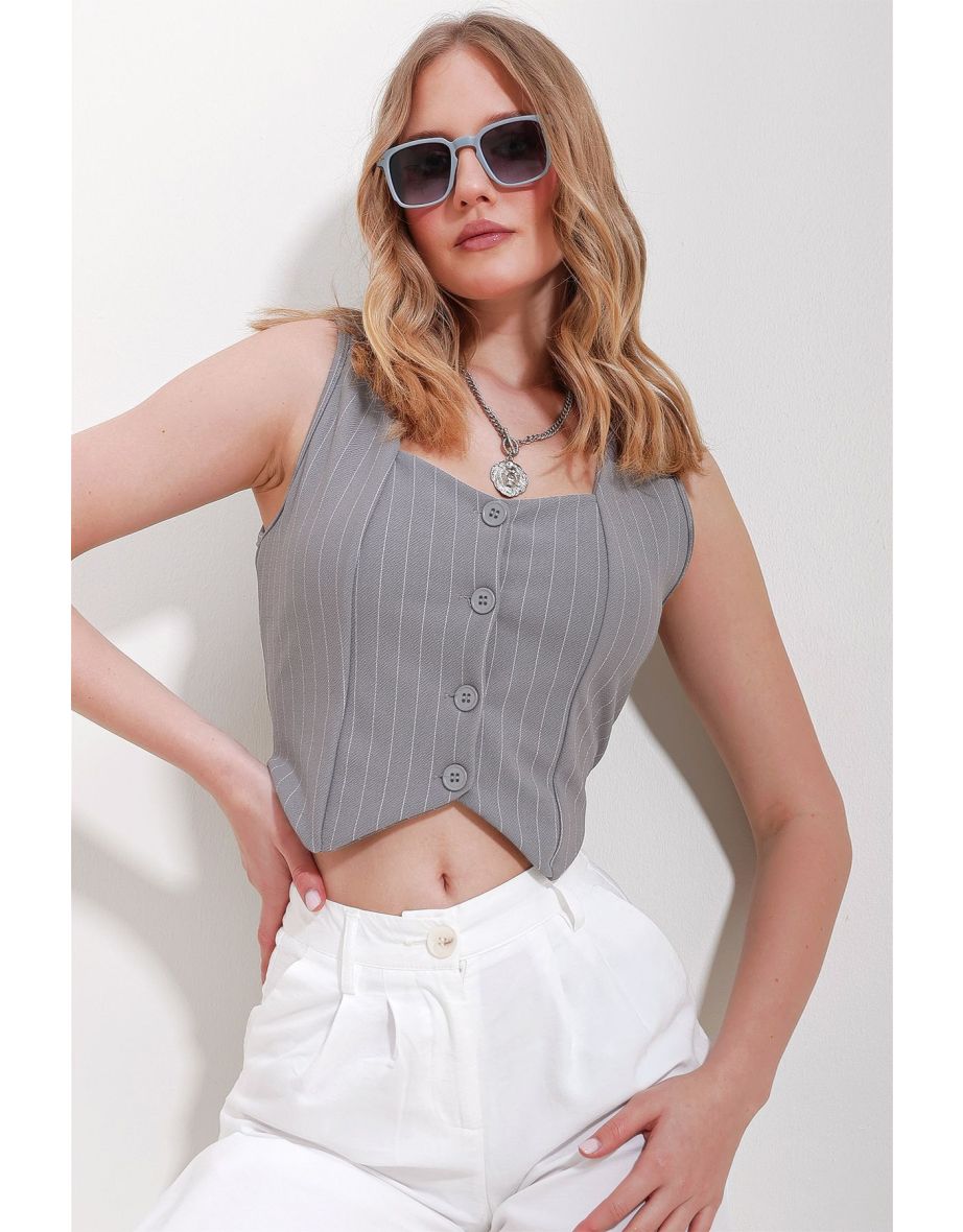 Women's Light Gray Heart Collar Buttoned Striped Vest