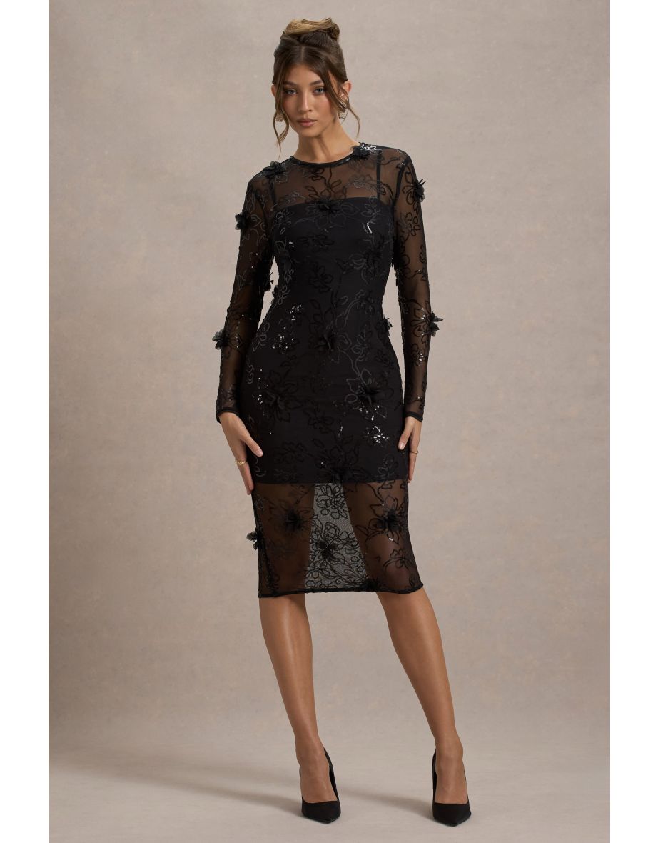 Intimate | Black Sequin Sheer Midi Dress With Flowers - 5