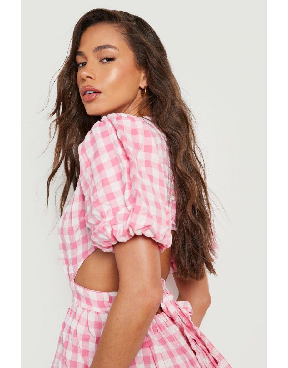 Textured Gingham Puff Sleeve Midi Dress - pink - 3