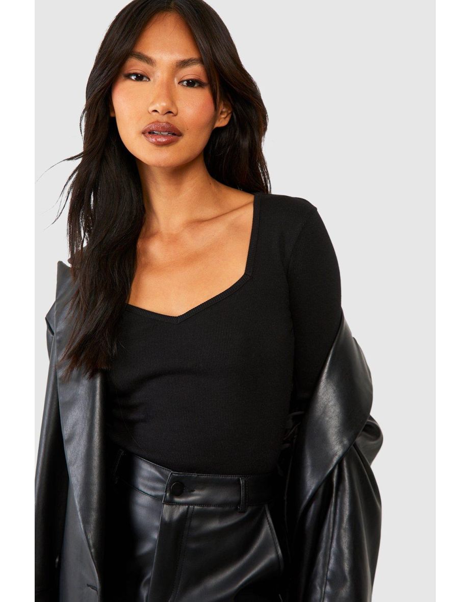 Basic Rib Sweetheart Neck Long Sleeve Bodysuit - black - 3
