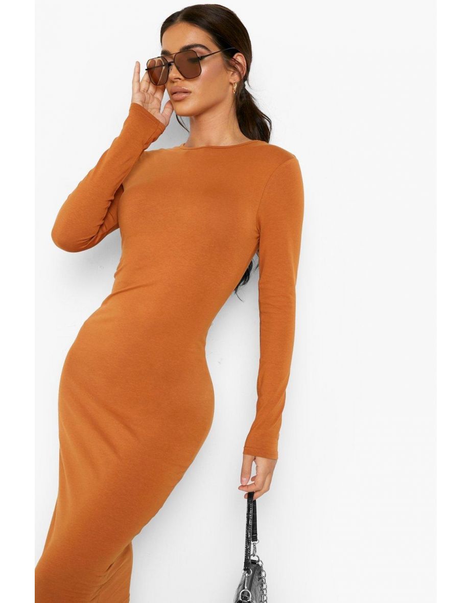 Basics Long Sleeve Crew Neck Midi Bodycon Dress - brown - 3