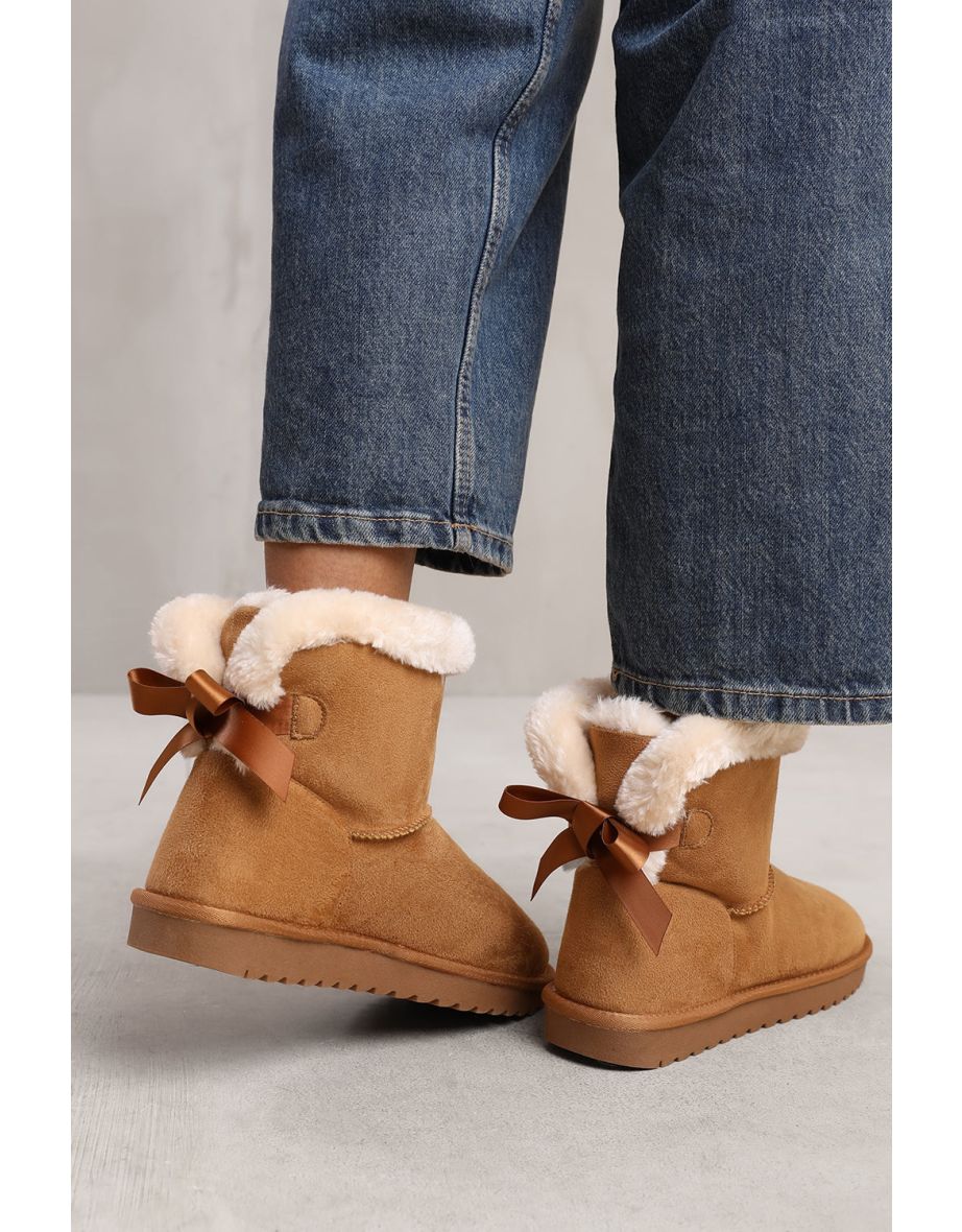 ALBA ANKLE BOOT WITH FAUX FUR LINING AND BOW RIBBON DETAIL IN CHESTNUT - 1