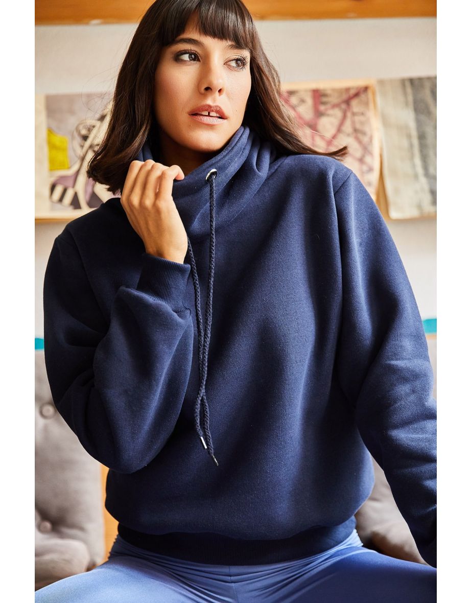 Women's Navy Long Turtleneck Soft Textured Thick Sweatshirt - 5