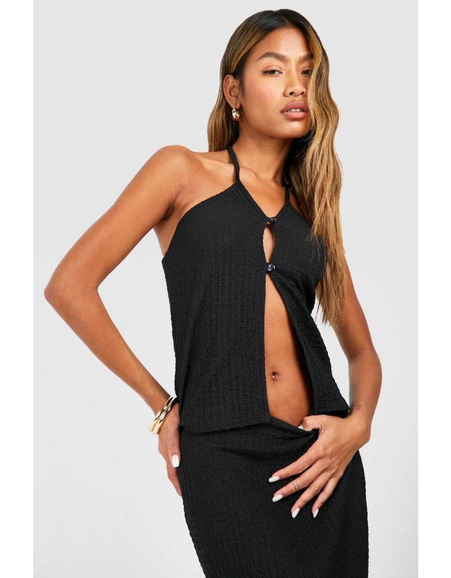 Textured Crinkle Halter & Flared Hem Maxi Skirt - black - 3