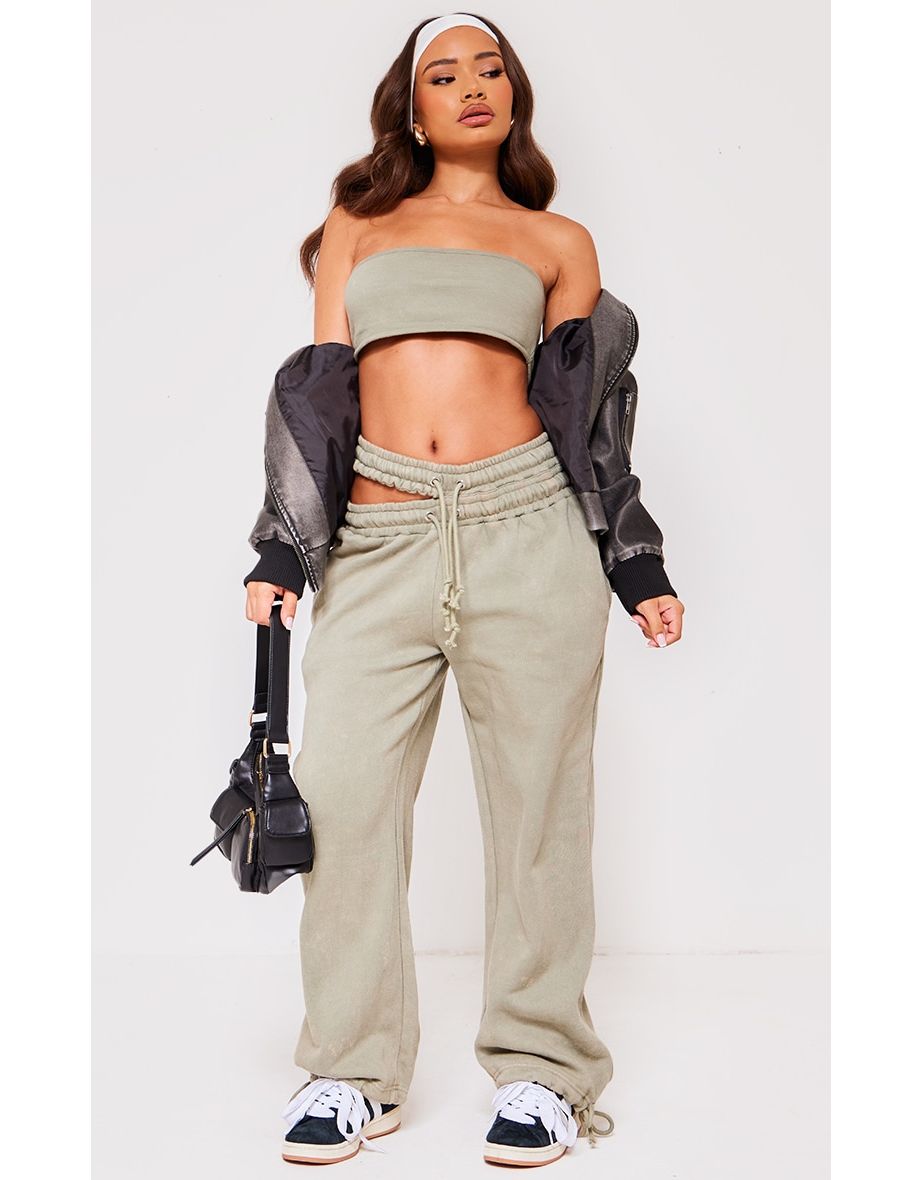 Petite Sage Green Acid Wash Cross Over Waistband Joggers