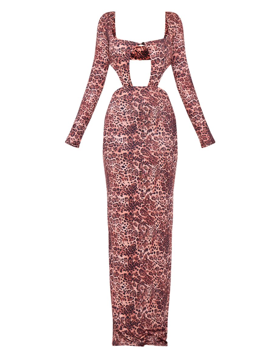 Leopard Printed Double Layer Slinky Long Sleeve Maxi Dress - 4
