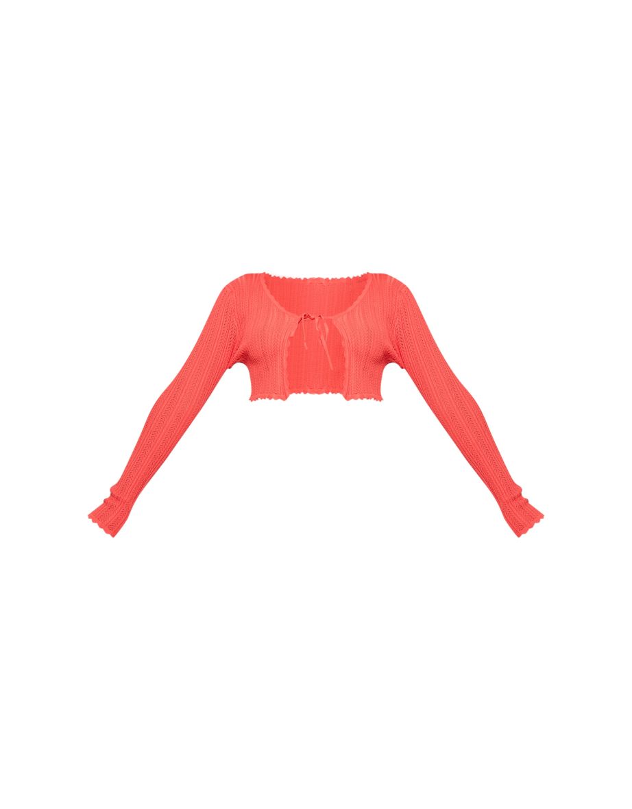 Coral Textured Crochet Knit Tie Front Top - 4