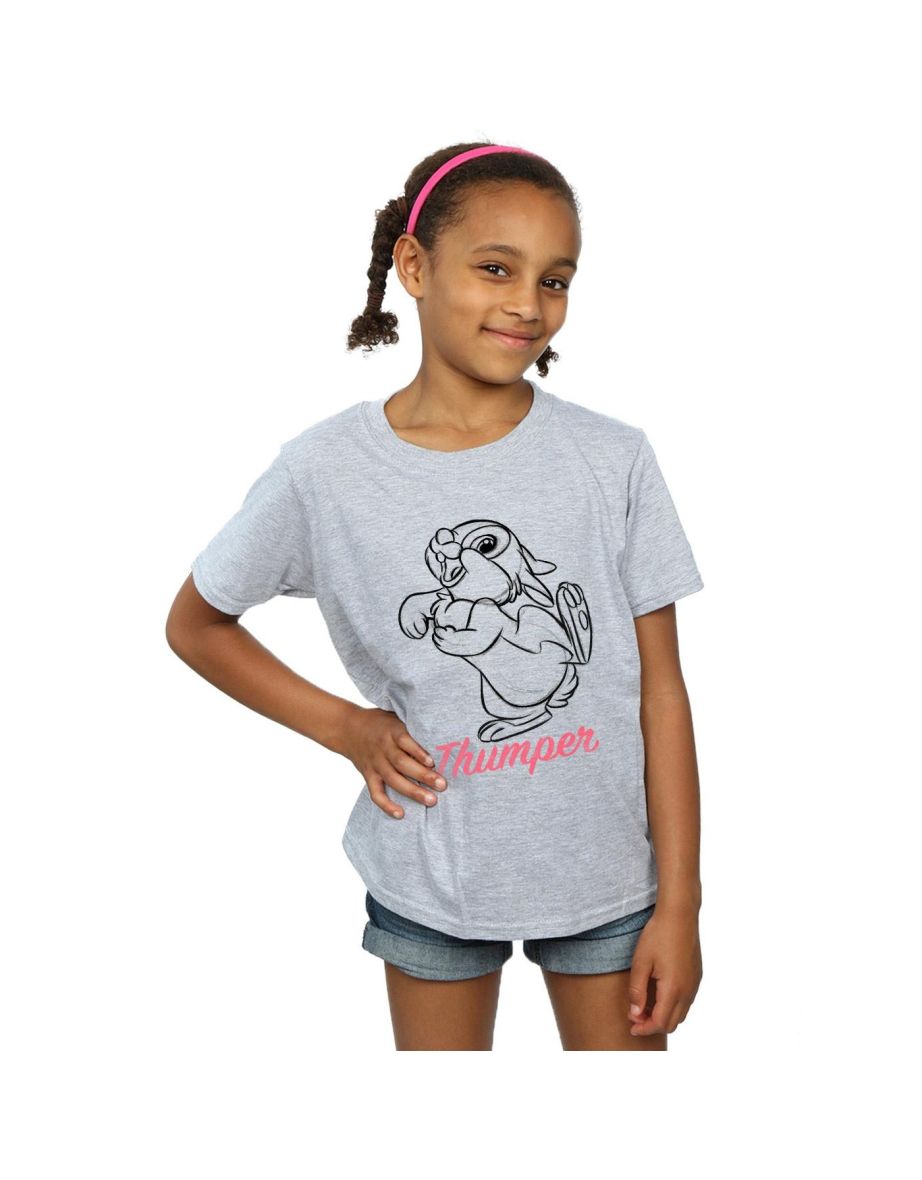 Disney Girls Bambi Thumper Line Drawing Cotton T-Shirt - Sports Grey