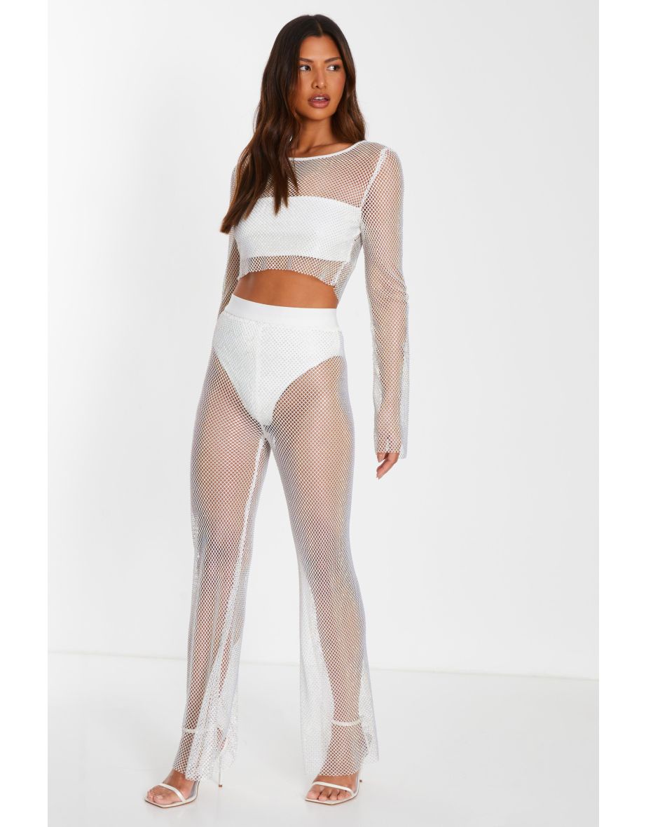 White Diamante Embellished Mesh Crop Top