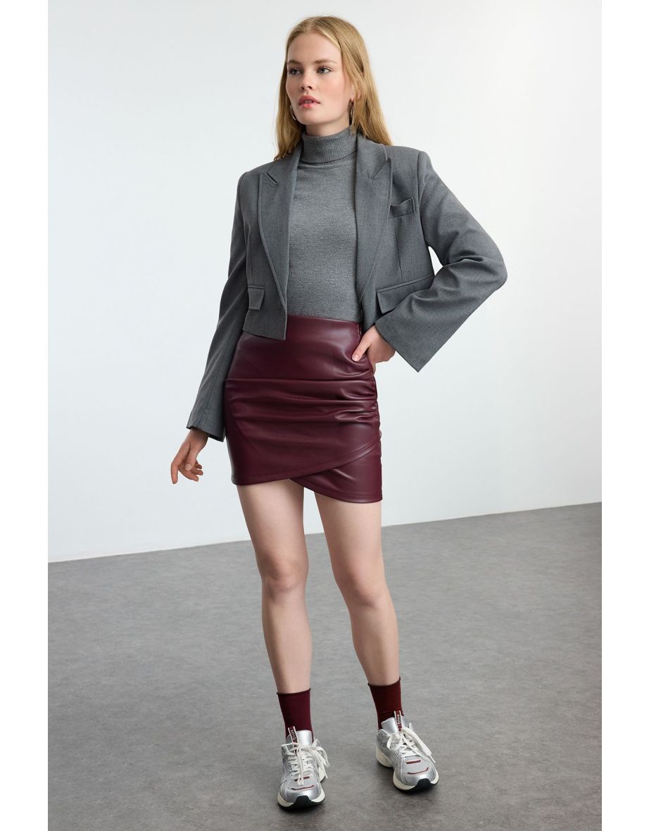 Burgundy Inside Rose Gold Faux Leather Draped High Waist Fitted Skirt - 4