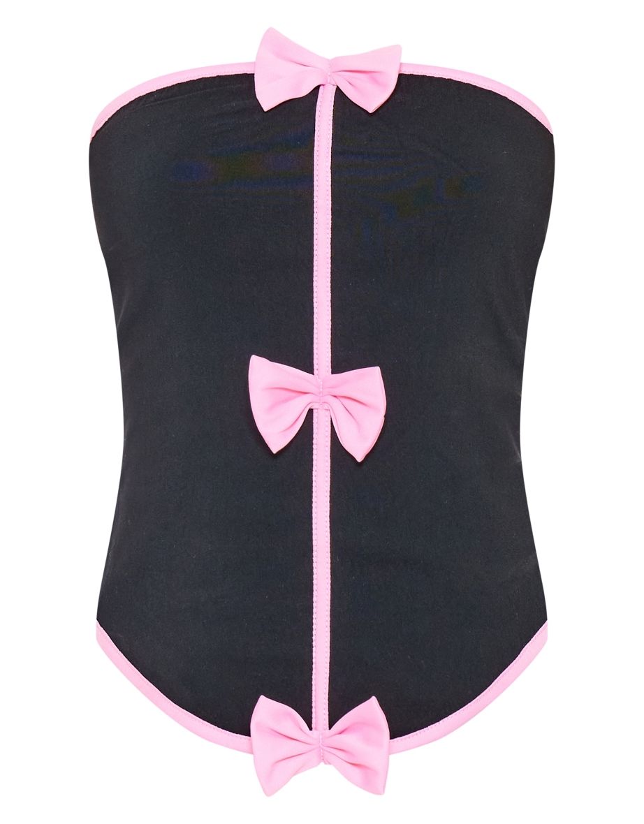 Black Stretch Woven Contrast Triple Bow Tube Top - 4