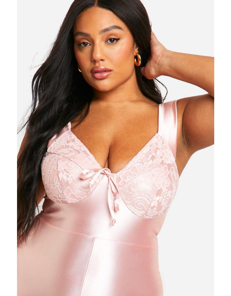 Plus Stretch Satin Lace Trim Detail Wide Leg Jumpsuit - pink - 3