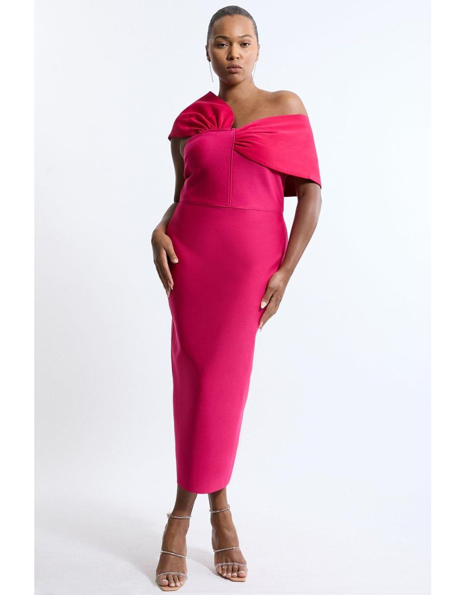 Plus Size Figure Form Bandage Knit Asymmetric Strap Midi Dress