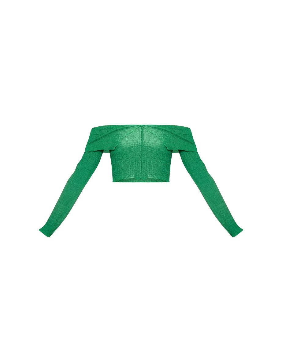 Green Textured Popcorn Foldover Bardot Top - 4