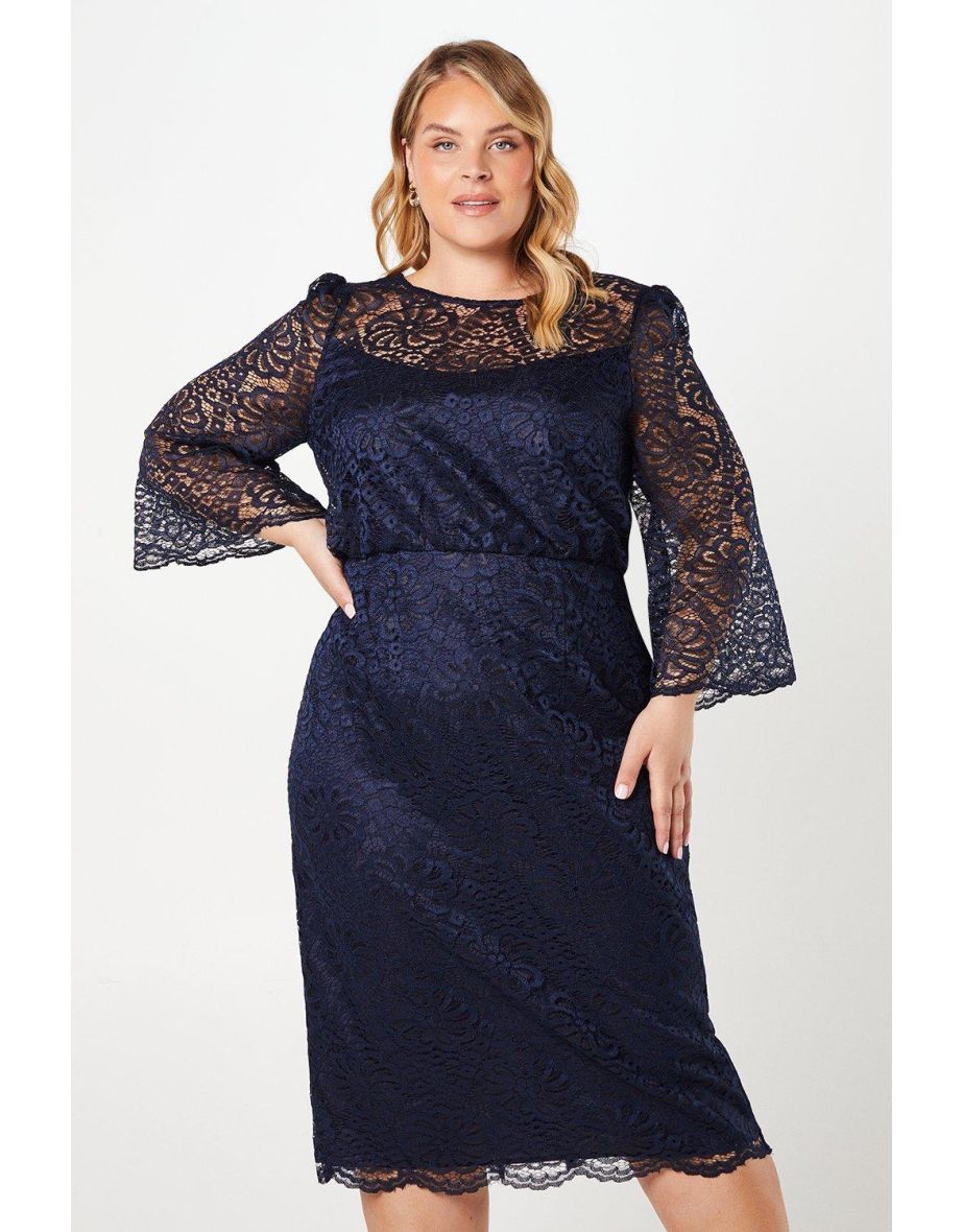 Plus Long Sleeve Stretch Lace Pencil Midi Dress