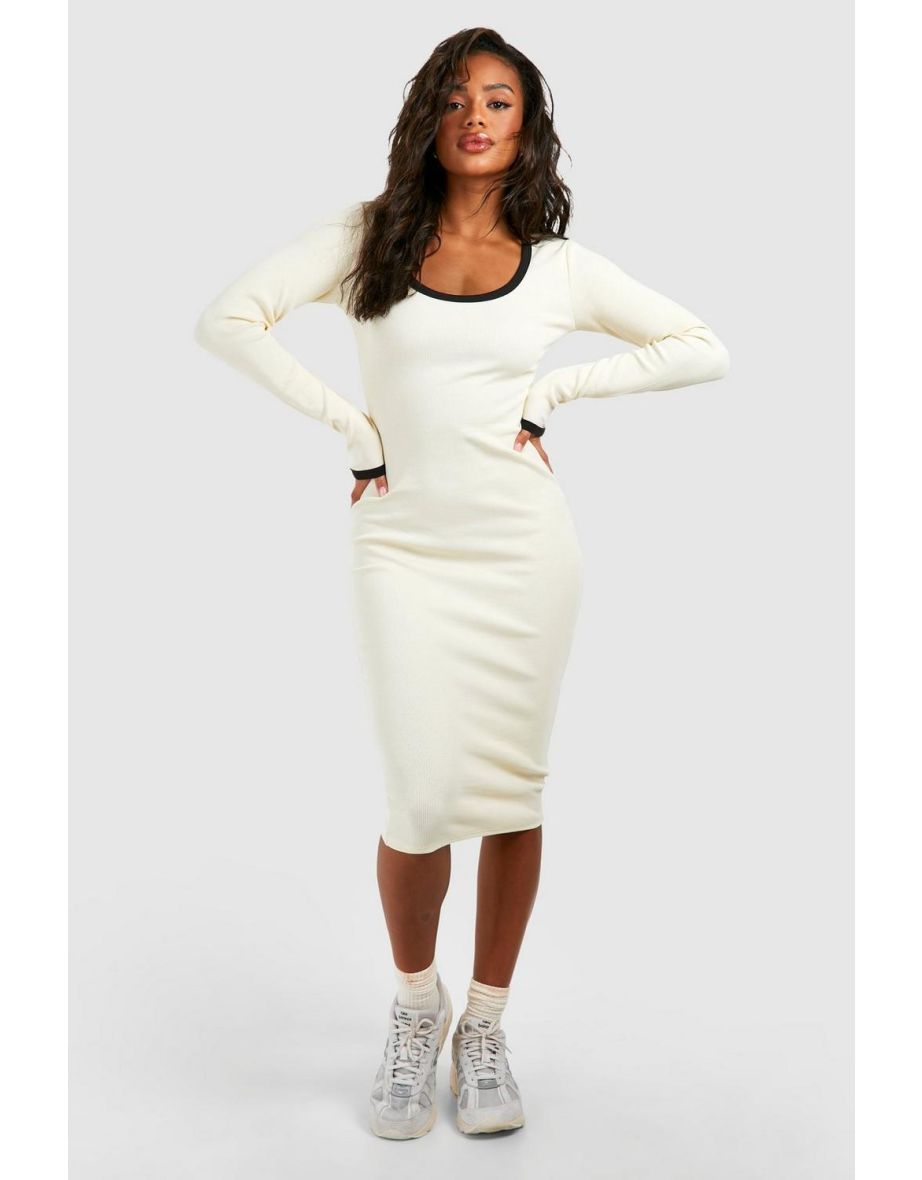 Shop Contrast Binding Long Sleeve Midi Dress cream Online in Kuwait VogaCloset