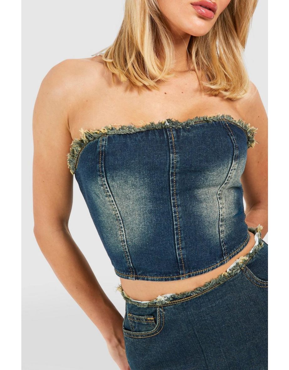 Fray Hem Mid Blue Vintage Wash Denim Bandeau Top - vintage wash - 3
