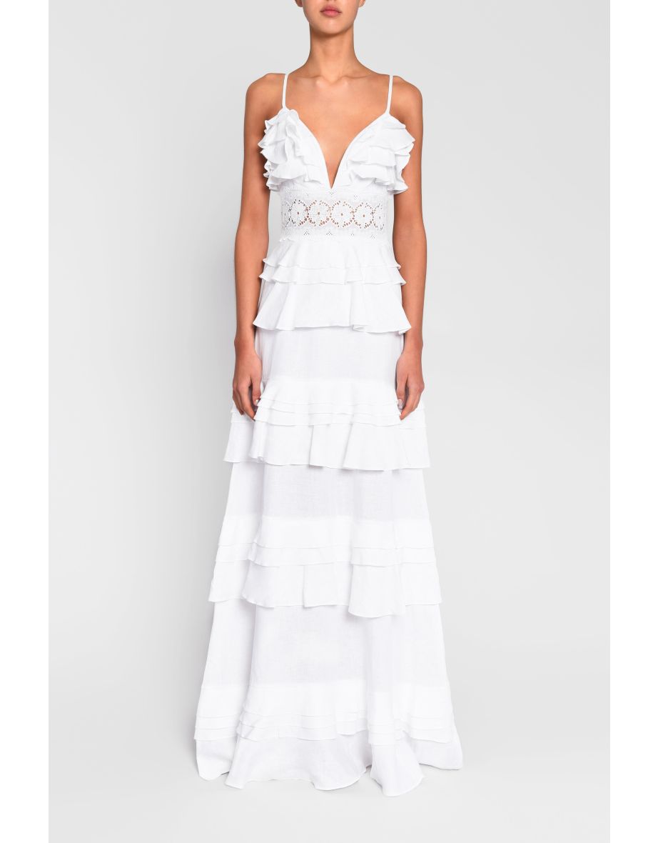 Sophia White Linen Tiered Ruffle Floor Dress