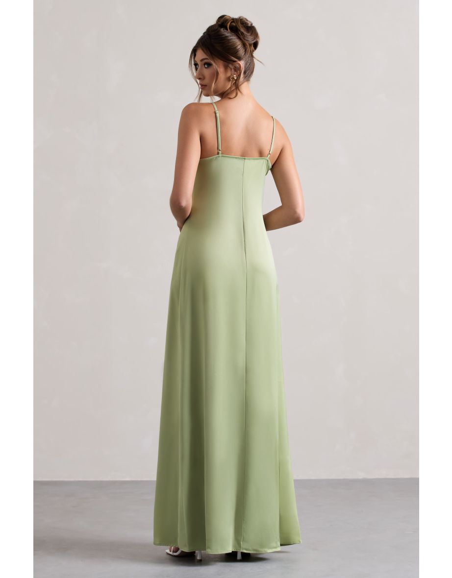 Calvi | Pale Green Satin Longline Cami Top With Split Front - 4