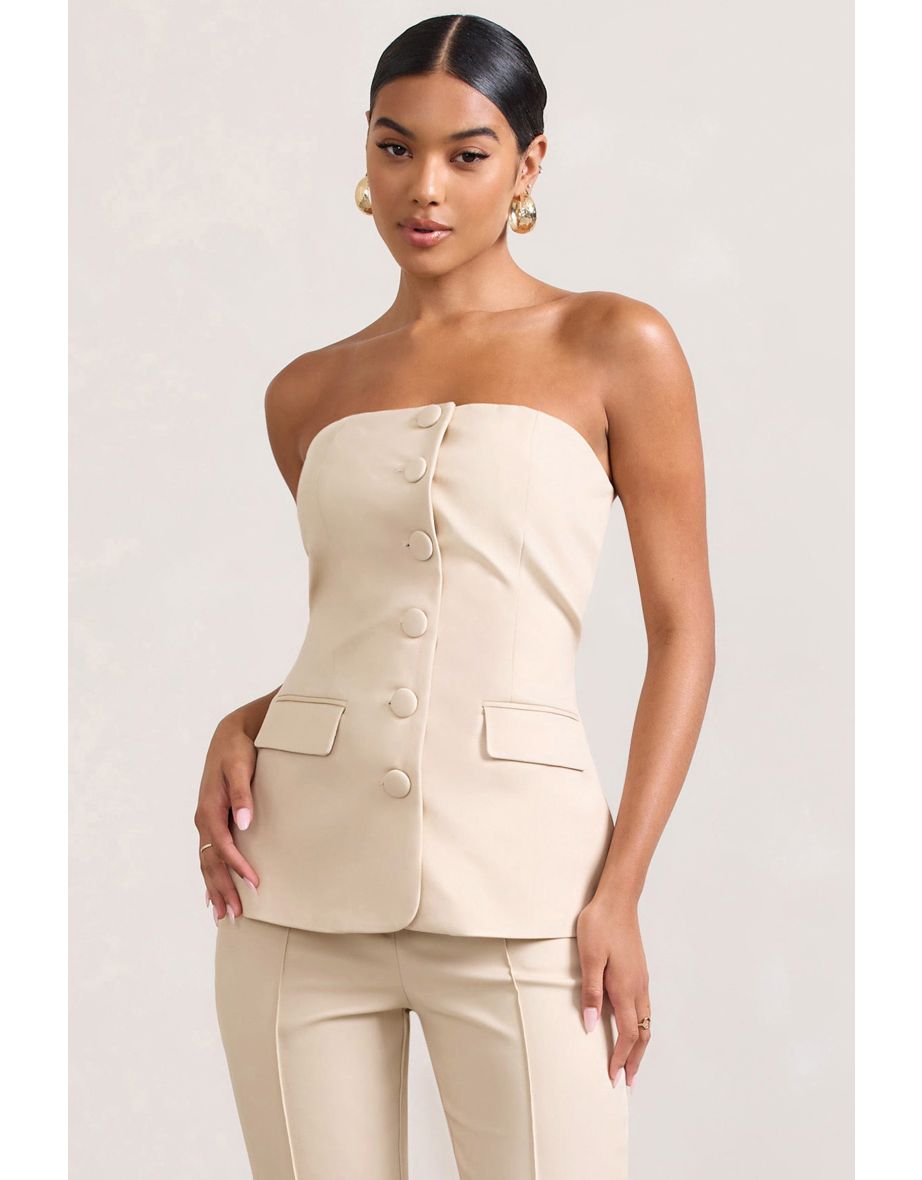 Elliana | Stone Strapless Button Front Tailored Top - 4
