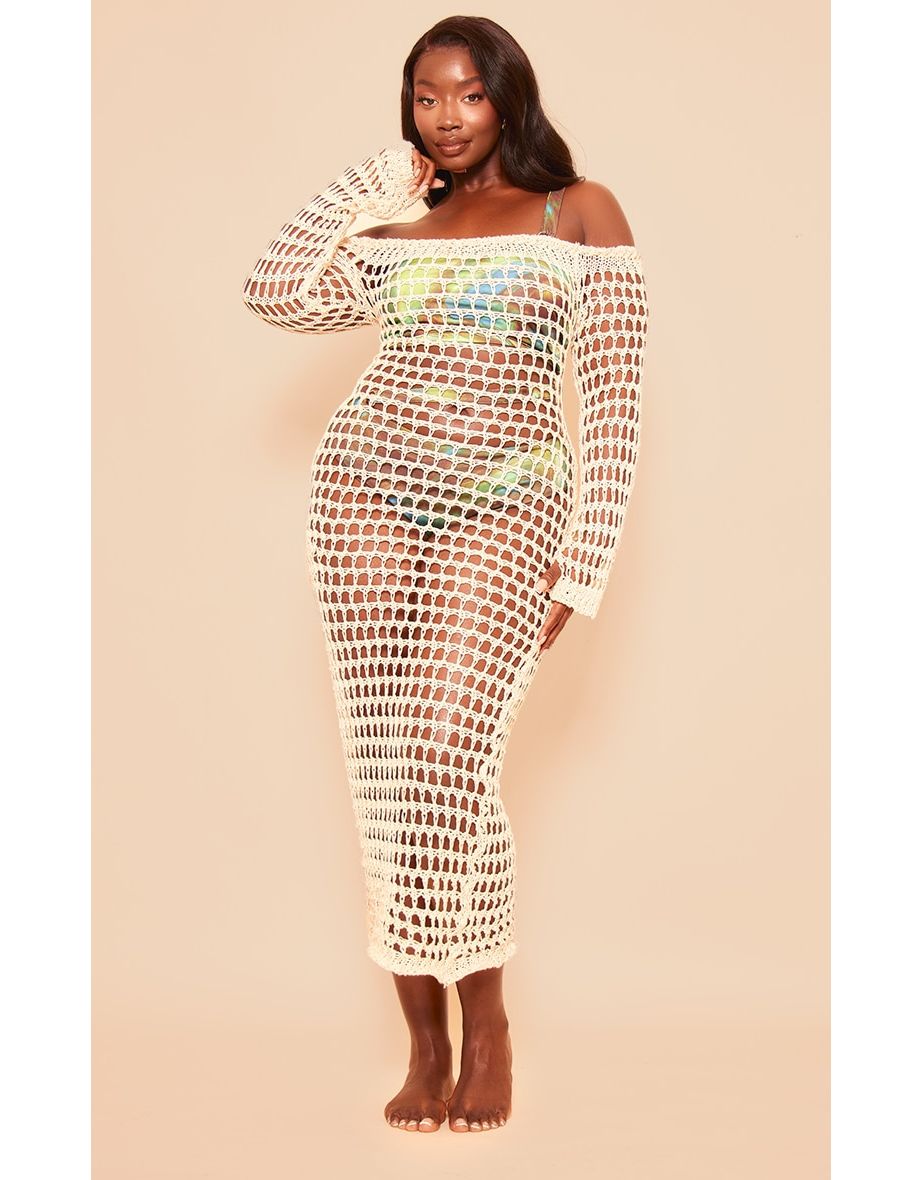 Plus Sand Crochet Lurex Glitter Bardot Long Sleeve Midi Dress