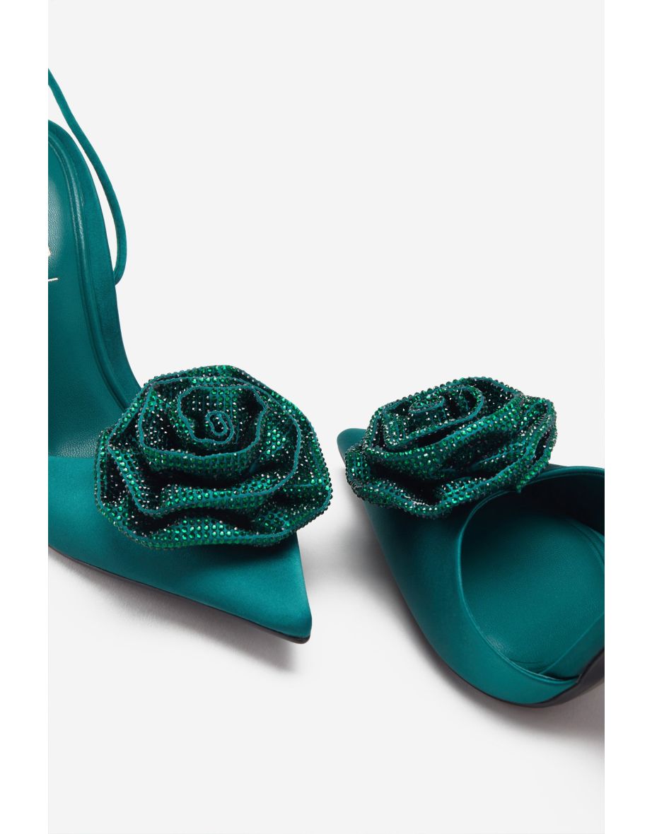 Sharpened | Green Lace-Up Stiletto Heels With Diamante Flowers - 5