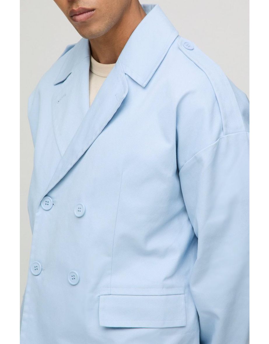 Oversized Boxy Double Breasted Twill Mac Jacket - light blue - 2