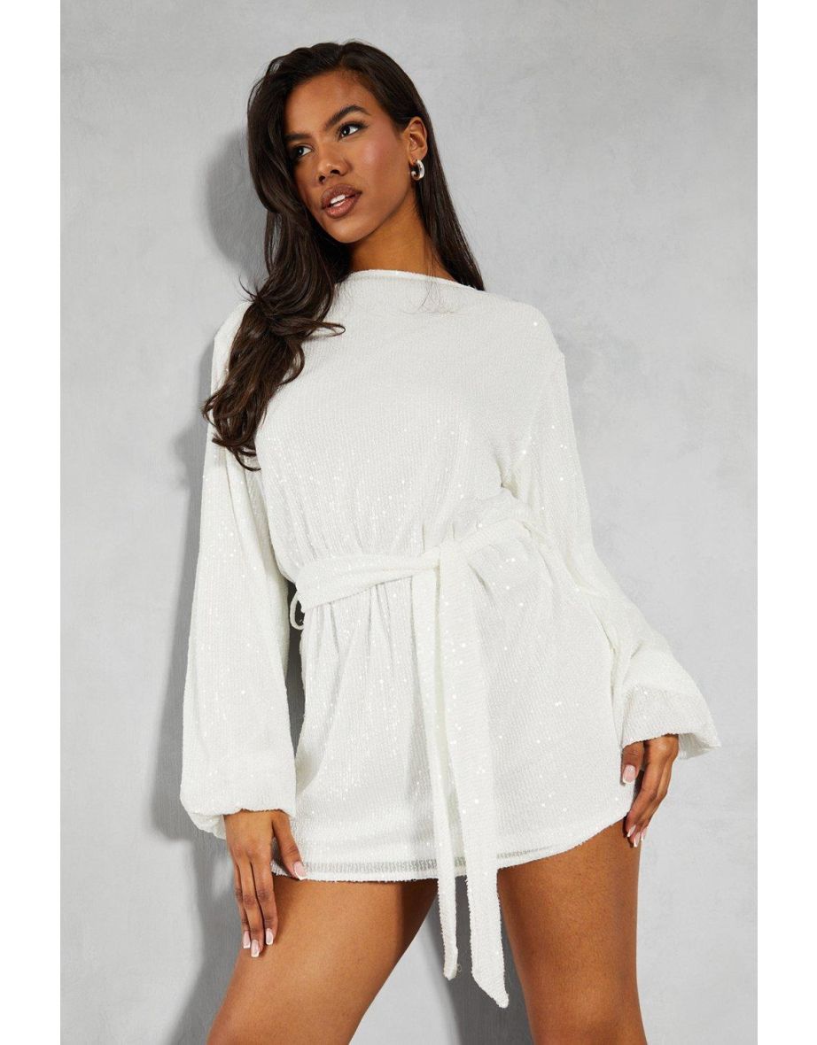 Sequin Belted Long Sleeve Swing Mini Dress - 3