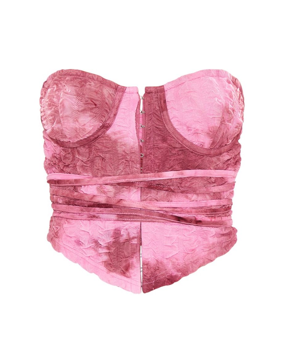 Pink Printed Textured Mesh Hook And Eye Bandeau Halterneck Corset - 4