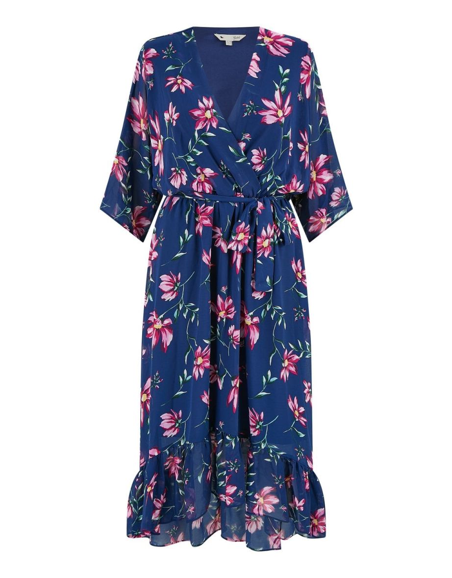 Yumi Navy Floral Kimono Dipped Hem Dress - 8