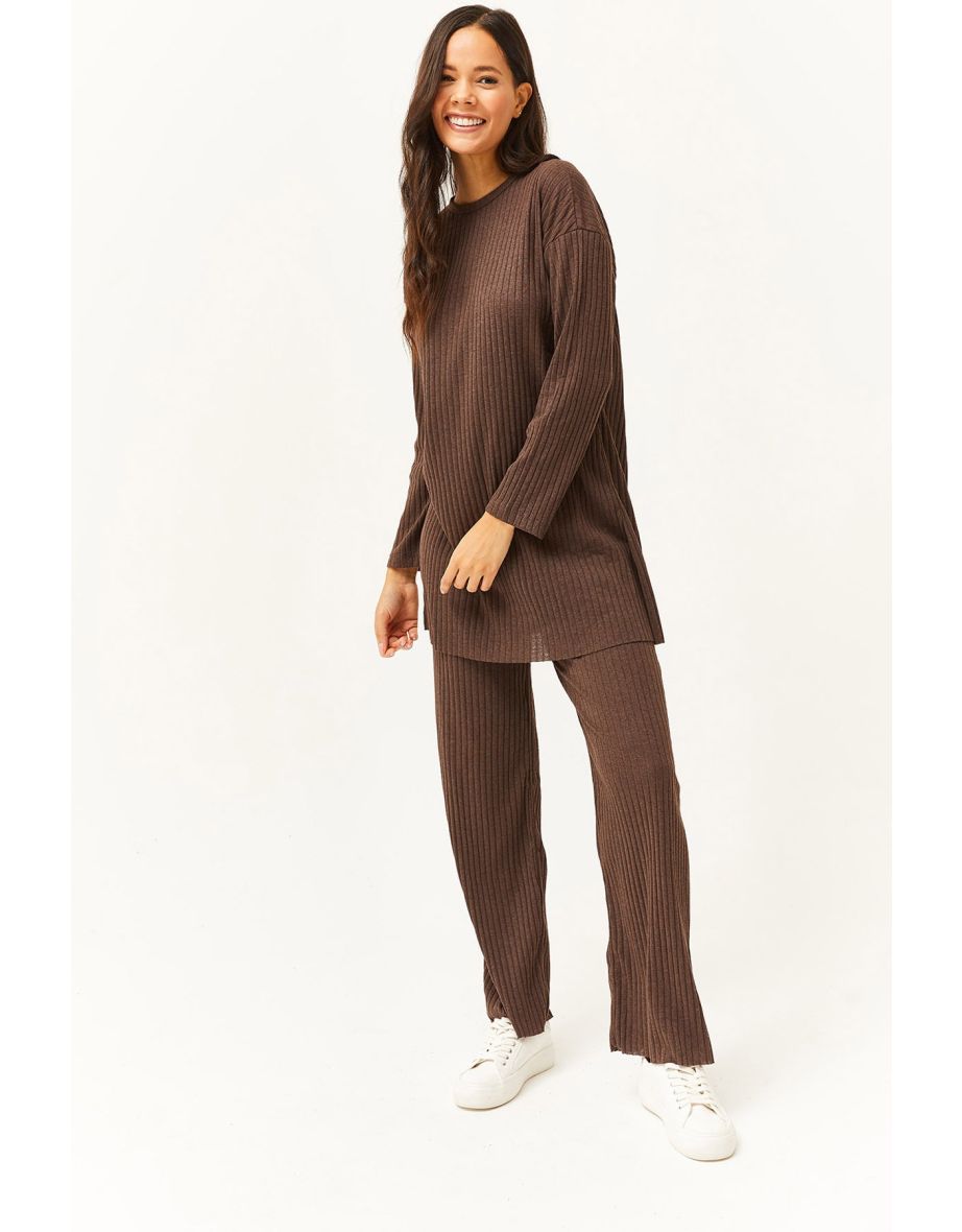 Women's Bitter Brown Top With Slit Blouse Bottom Palazzo Corduroy Suit