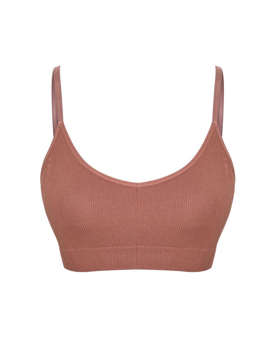 Light Brown Single Seamless Non-wired Plain Cupless Bralette Bra - 5