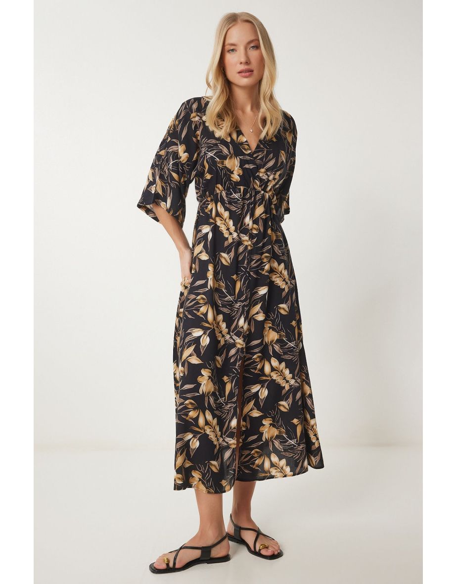 Women's Black Beige Wrap Collar Patterned Summer Viscose Dress