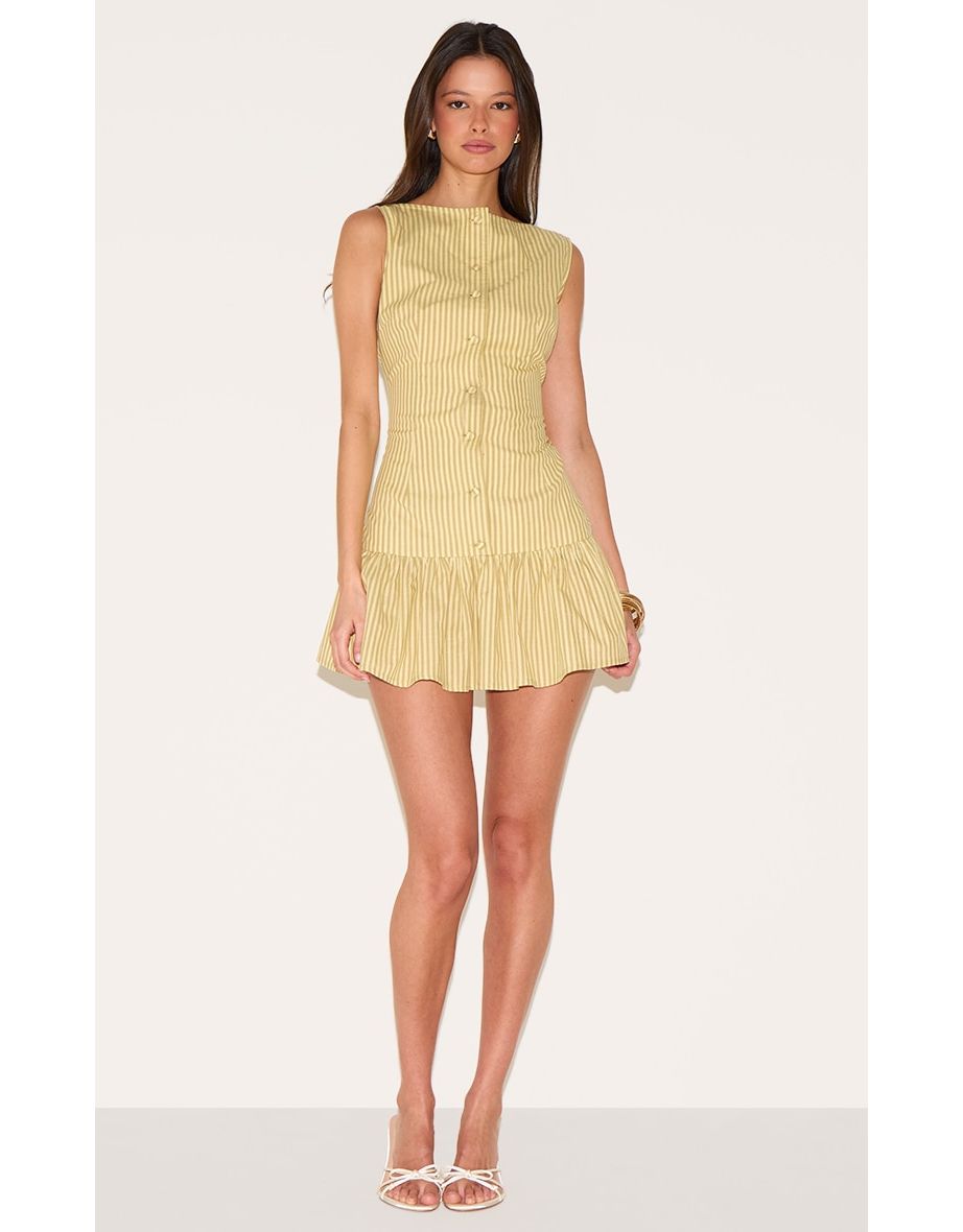 Yellow Striped Button Detail Flippy Hem Bodycon Dress