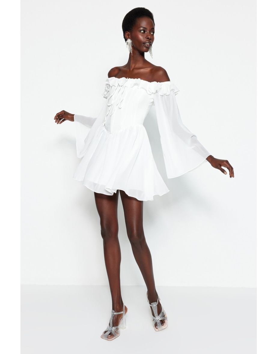 Off-Shoulder Column Mini Bridal Dress with Long Sleeves