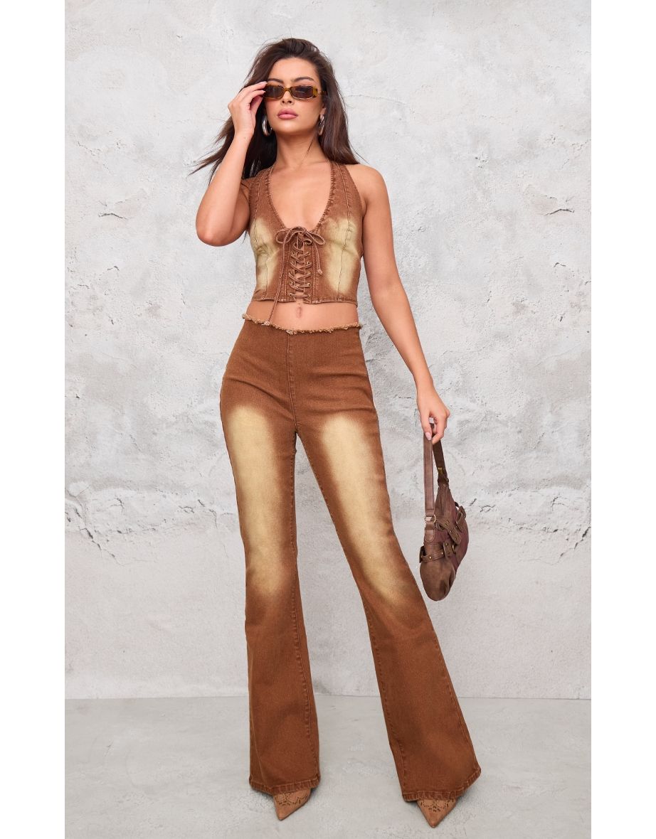 Washed Brown Lace Up Denim Jeans