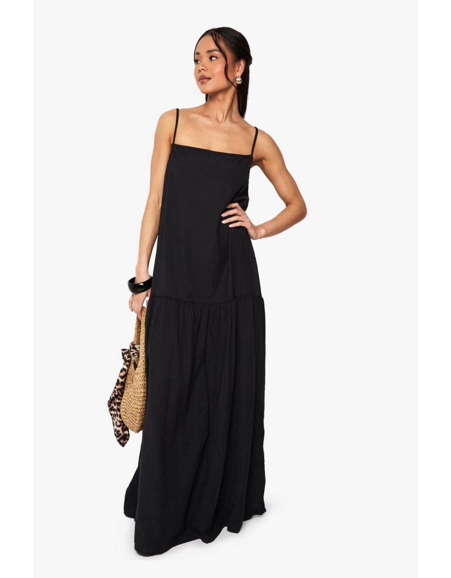 Linen Drop Waist Strappy Maxi Dress - black
