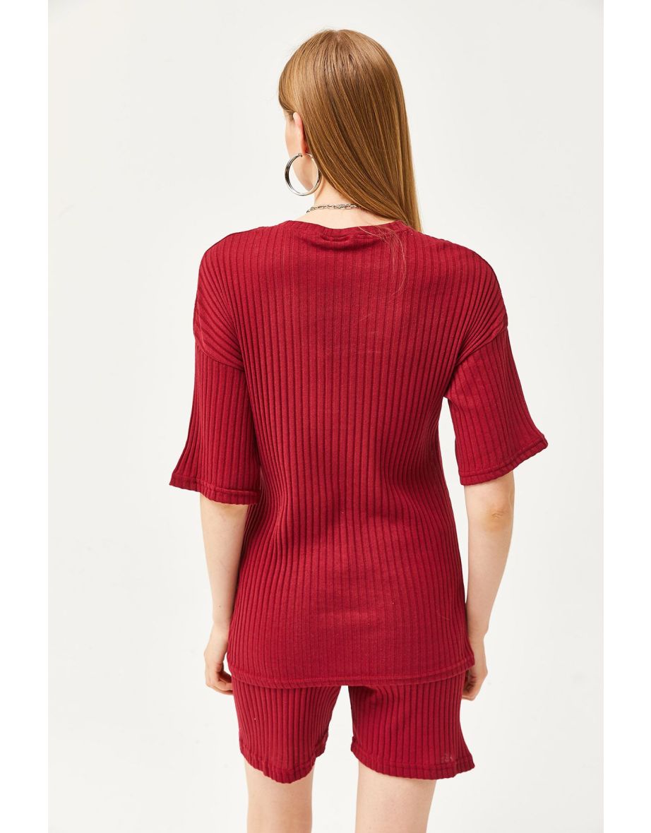 Women's Burgundy Bottom Short Tights Top Loose Blouse Set - 4